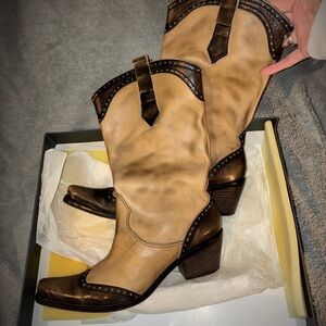 Two-Tone Tan and Dark Brown Western Mid-Calf Heeled Boots